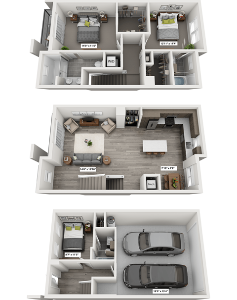 Floor plan for 3 beds, 3 baths, 1652 sqft